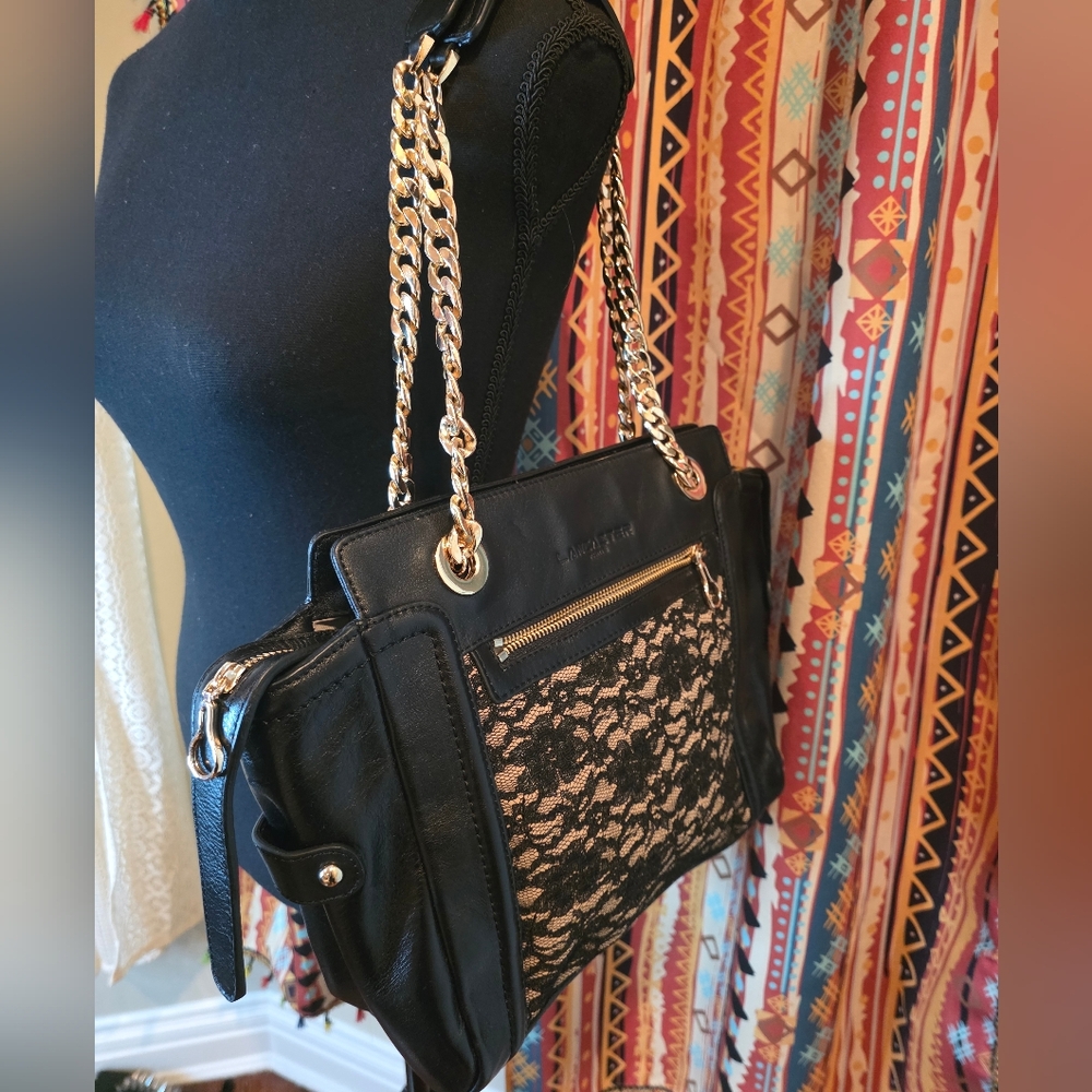 Lancaster Paris Black Lace & Faux Leather Chain Shoulder Bag